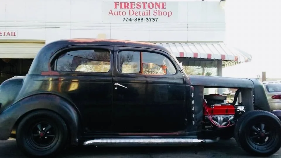 Black vintage custom car after professional detailing in Gastonia, North Carolina