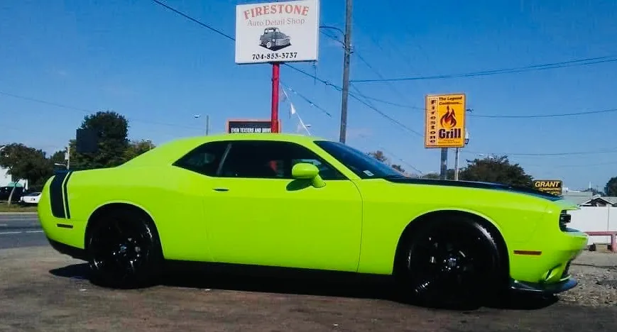 Bright green Dodge Challenger after professional detailing in Gastonia, North Carolina