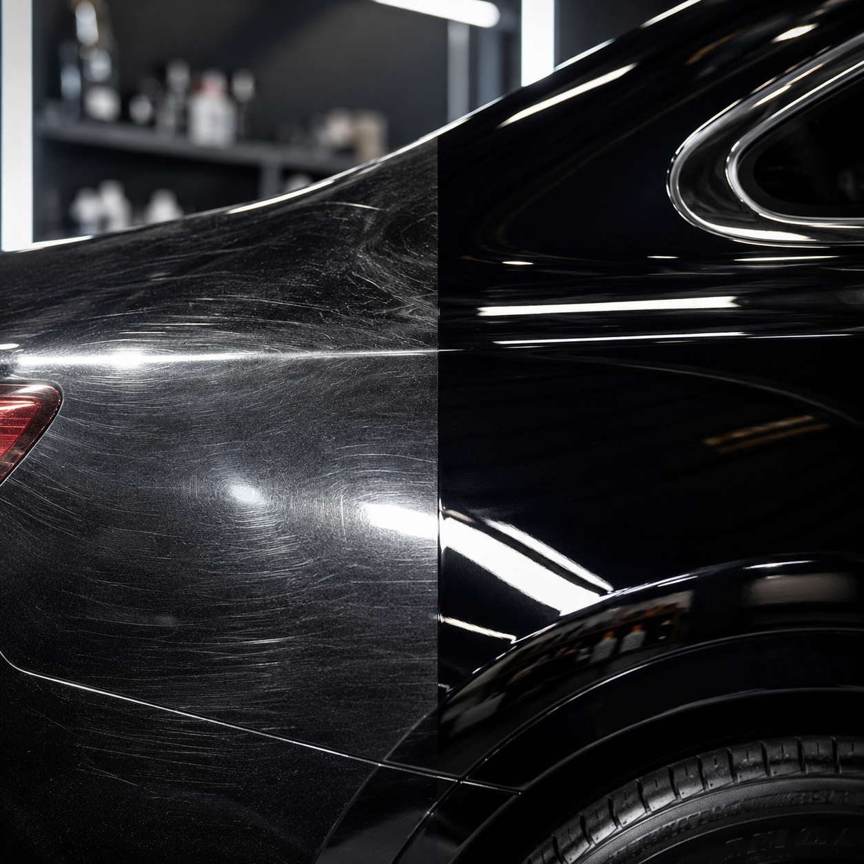 Representative split image showing swirled black paint beside professionally corrected glossy automotive paint